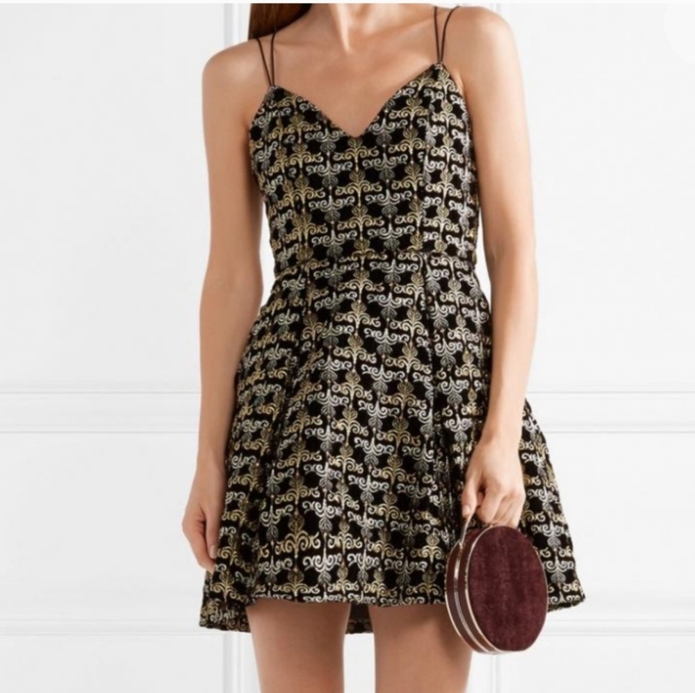 Alice+Olivia Marilla Black Gold Embelished Mini-Dress Embroidered Velvet Sz 0